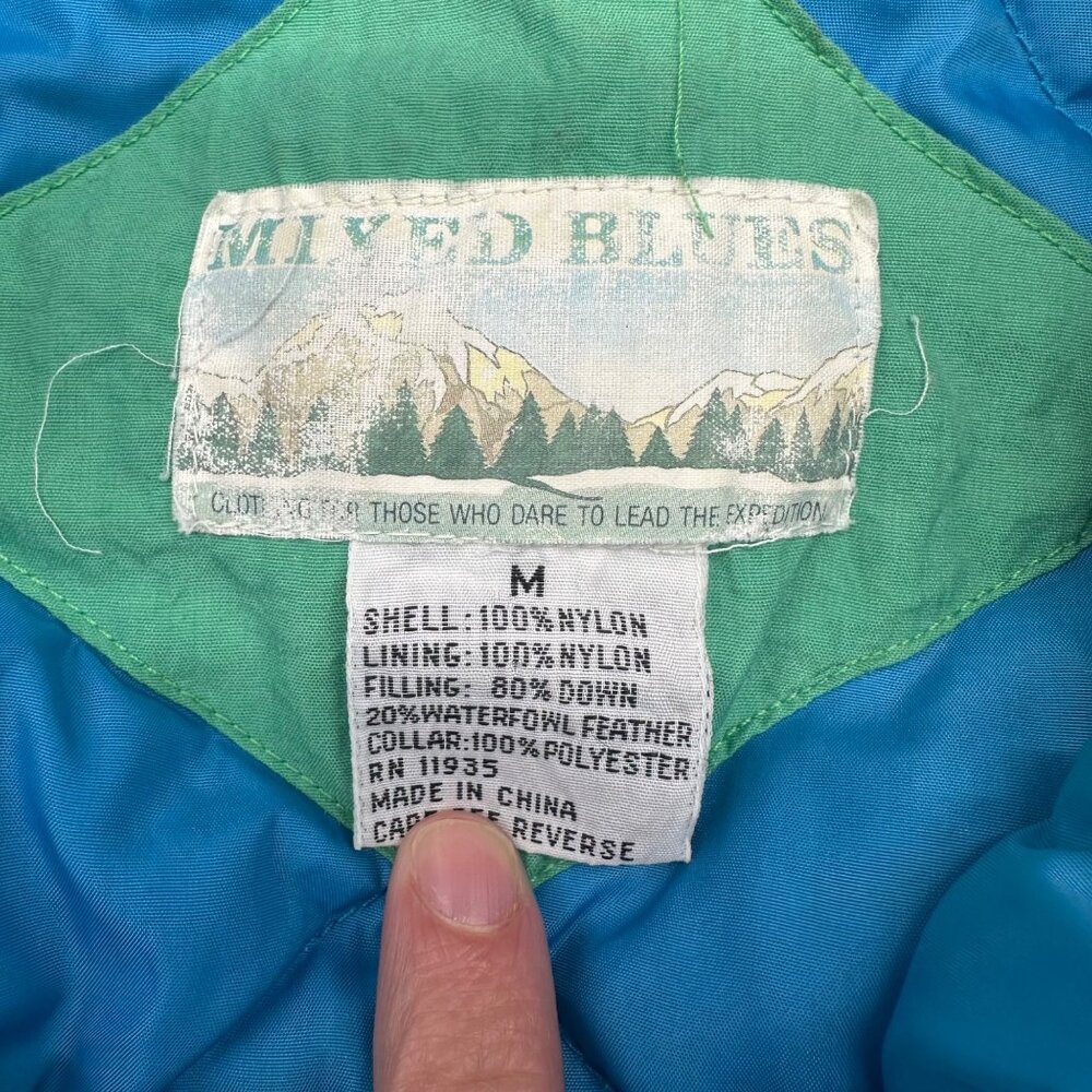 Vintage Green Puffer Coat Jacket Womens Medium 1990s Mixed Blues Nylon Down - Picture 4 of 7